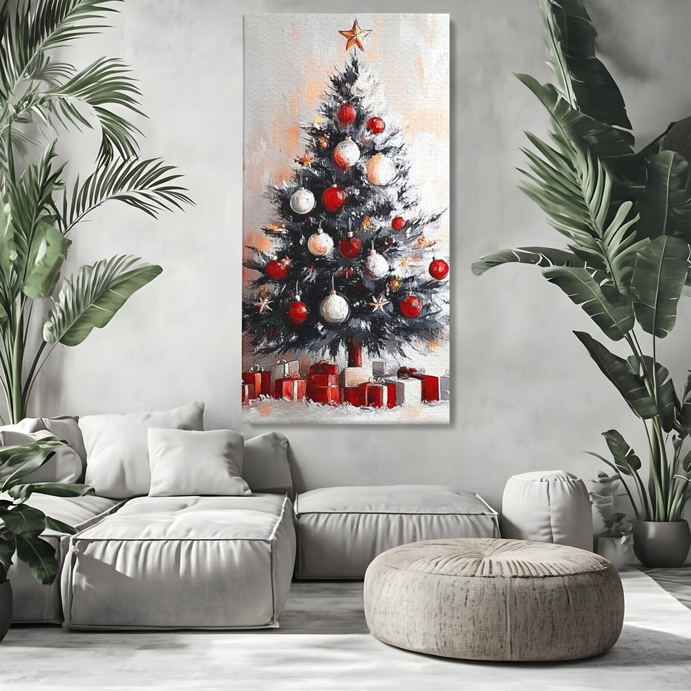Tablou canvas cu tablou canvas cu brad de craciun pictat, fara rama, pe sasiu de lemn, pe perete intr-un living